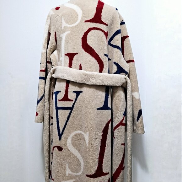New Unbranded Cocoon Wool Teddy Bear Coat Beige Belted Alphabet Print No Alpaca - Picture 10 of 13